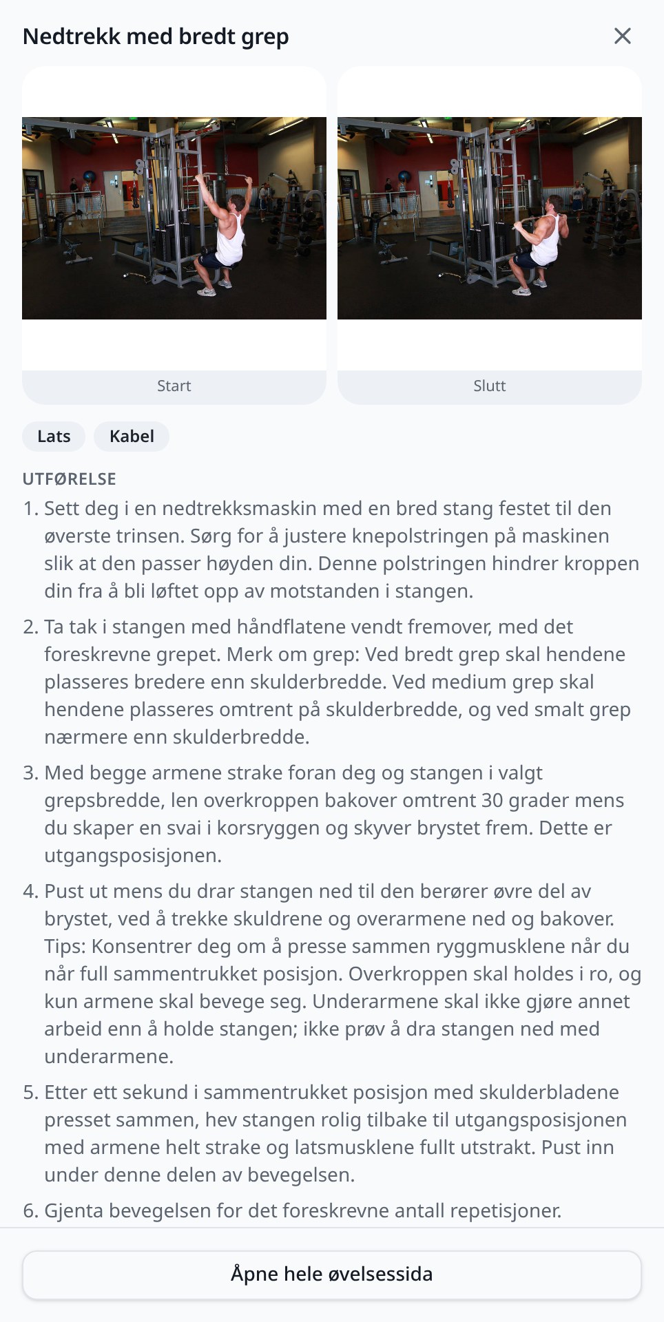 Hjelpearket «Slik gjør du» i Løft for nedtrekk med bredt grep, med bilde av startstilling og sluttstilling og utførelsen punkt for punkt