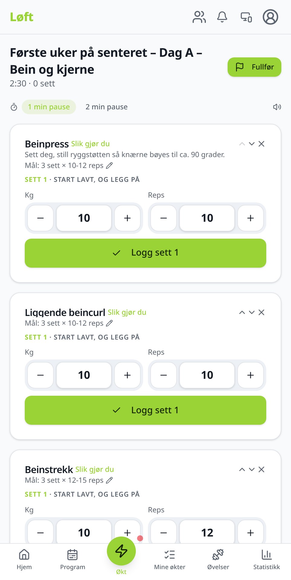 Øktkort i Løft med Beinpress, Kg 10 og Reps 10 ferdig utfylt, teksten «Sett 1 · start lavt, og legg på» og knappen «Logg sett 1»